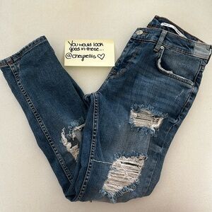 Zara Medium Rise Relaxed Fit Ripped Straight Leg Jeans